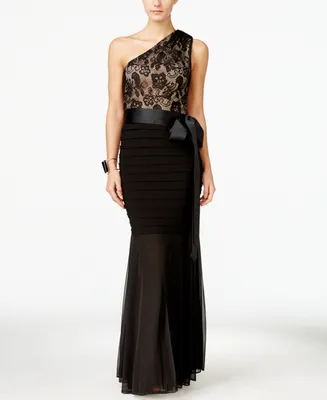 Betsy & Adam Petite Lace One-Shoulder Mermaid Gown