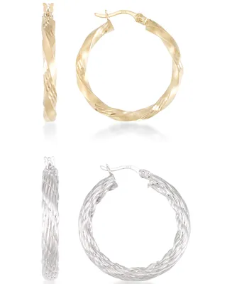 2-Pc. Set Rope and Satin Finish Round Hoop Earrings 14k Gold-Plated Sterling Silver