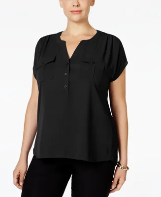 I.n.c. International Concepts Plus Woven-Front V-Neck Top, Created for Macy's