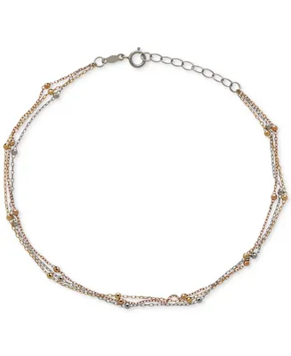 Tri-Tone Beaded Ankle Bracelet in 14k White, Yellow and Rose Gold - Tri