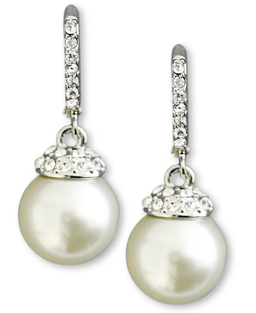 Givenchy Earrings, Crystal Accent and White Glass Pearl - Silver