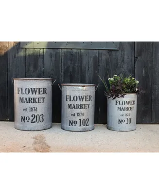 Decorative Round Metal Buckets with Handles and "Flower Market" Text, Distressed Silver, Set of 3 Sizes