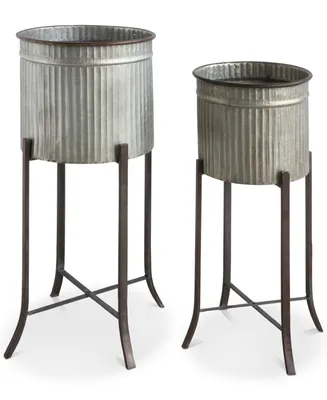 Round Corrugated Metal Planters on Stands, Silver and Black, Set of 2