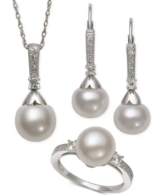 Cultured Freshwater Pearl (8-9mm) & White Topaz (1/2 ct. t.w.) Jewelry Set in Sterling Silver