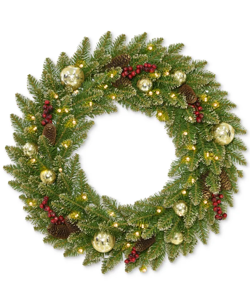 National Tree Company 24" Glittery Gold Dunhill Fir Wreath with Berries, Pine Cones, Ornaments & 35 Battery-Operated Led Lights