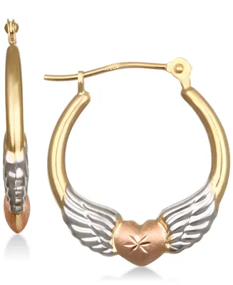 Tri-Color Winged Heart Hoop Earrings in 10k Gold - Tri