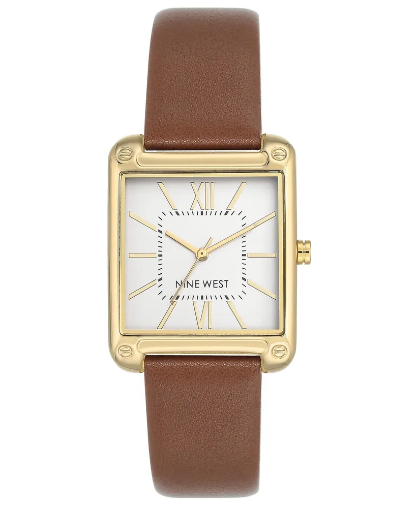 Nine West Women's Gold-Tone and Brown Faux Leather Strap Watch 29mm