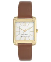 Nine West Women's Gold-Tone and Brown Faux Leather Strap Watch 29mm