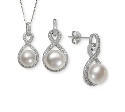 Cultured Freshwater Pearl (8 & 10mm) & White Topaz (1-1/3 ct. t.w.) Jewelry Set in Sterling Silver