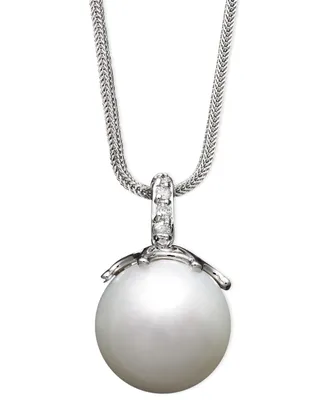 14k White Gold Necklace, Cultured South Sea Pearl (14mm) and Diamond Accent Pendant