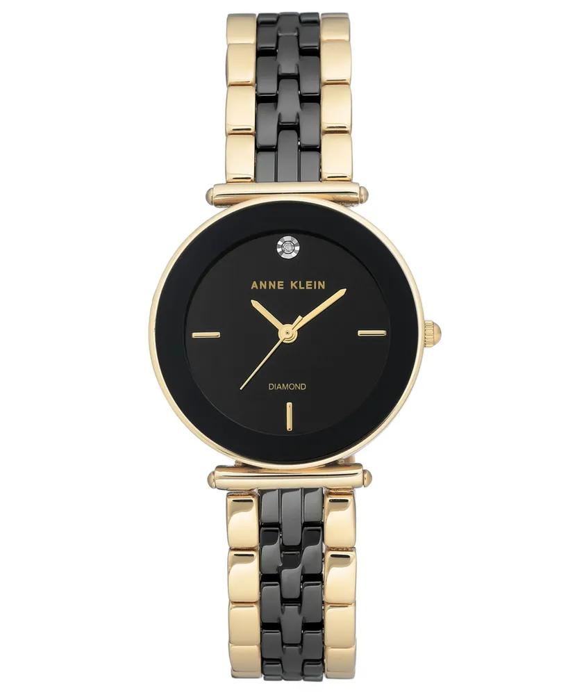 Anne Klein Women's Diamond-Accent Gold-Tone & Black Ceramic Bracelet Watch 30mm