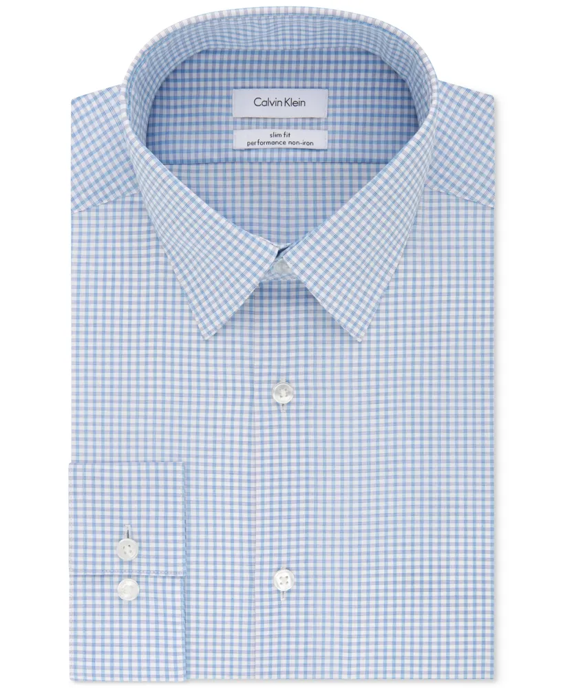 Men's Slim-Fit Non-Iron Performance Stretch Blue Check Dress Shirt