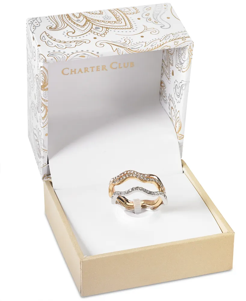 Charter Club Tri-Tone Silver, Gold Plated, 18K Rose Plated 3-Pc. Set Pave Wavy Rings, Created for Macy's - Tri