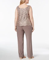 R & M Richards 3-Pc. Plus Sequined Lace Pantsuit Shell