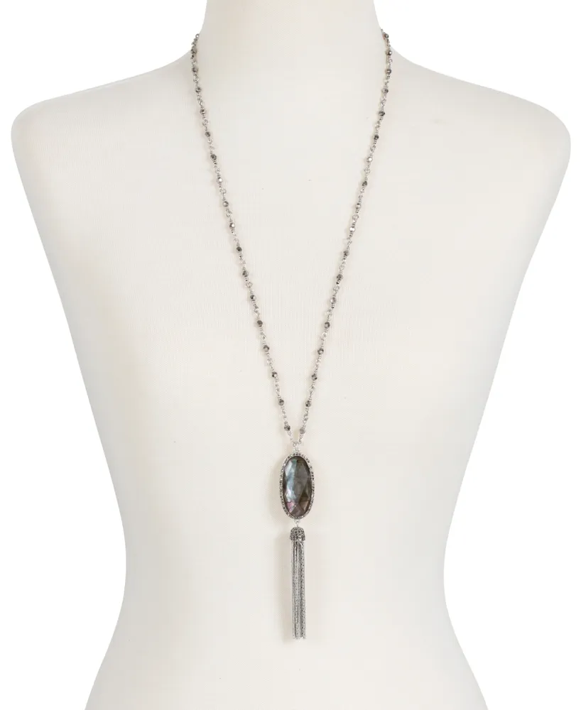 Lucky Brand Silver-Tone Mother-of-Pearl-Look Beaded Lariat Necklace