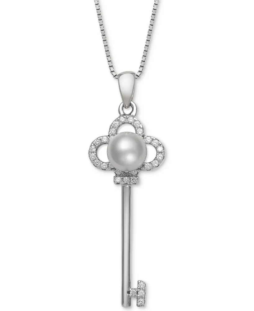 Cultured Freshwater Pearl (6mm) & Cubic Zirconia Clover Key 18" Pendant Necklace in Sterling Silver