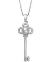 Cultured Freshwater Pearl (6mm) & Cubic Zirconia Clover Key 18" Pendant Necklace in Sterling Silver