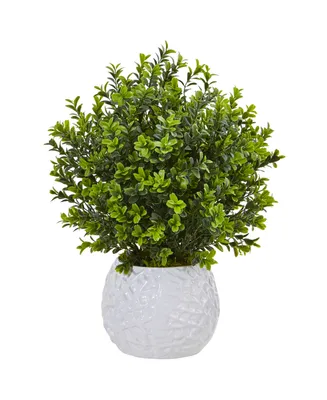 Nearly Natural Boxwood Evergreen Indoor/Outdoor Artificial Plant in White Vase