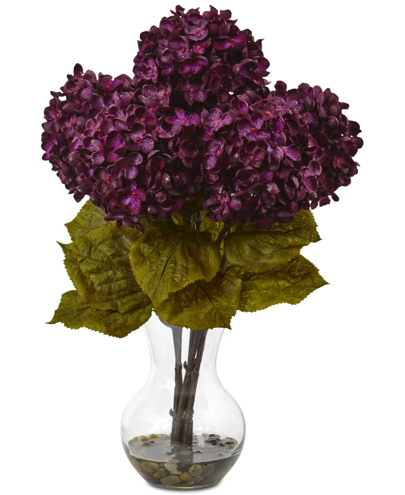 Nearly Natural 18"H Hydrangea Artificial Flower Arrangement with Glass Vase