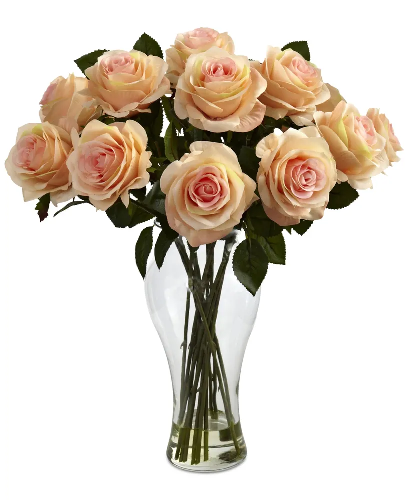 Nearly Natural Blooming Roses Artificial Arrangement in Glass Vase