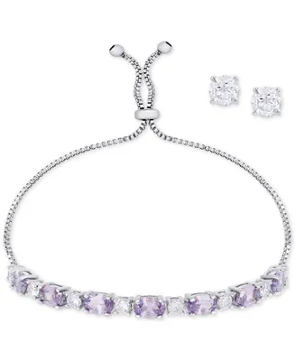 Simulated Amethyst Slider Bracelet & Cubic Zirconia Stud Earrings Set In Silver-Plate, February Birthstone