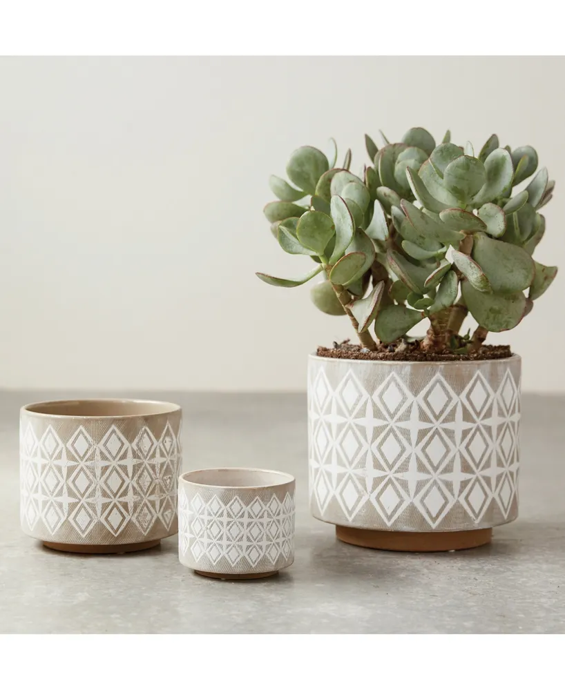 Various Round Stoneware Planters with Geometric Patterns, White and Gray, Set of 3
