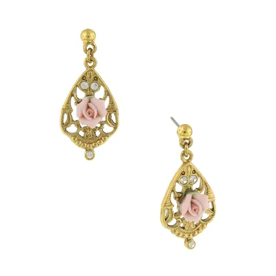 2028 Gold-Tone Crystal and Pink Porcelain Rose Filigree Drop Earrings