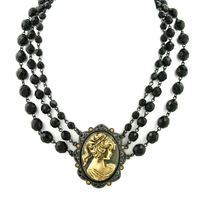 2028 Black-Tone and Gold-Tone Triple Strand Cameo Necklace 16" Adjustable