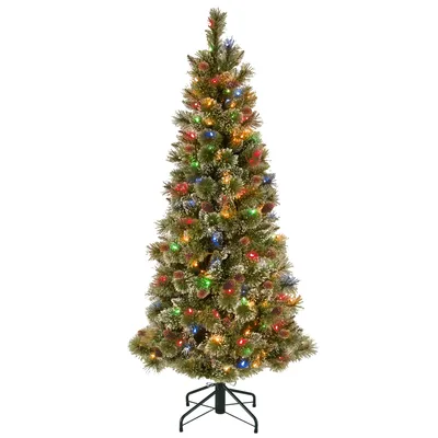 National Tree 5' Glistening Pine Pencil Slim Hinged Tree with Silver Glittered Cones & 150 Multi Lights