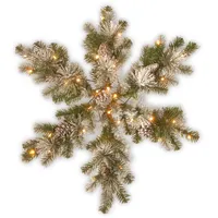 National Tree Company 32" Snow Capped Mountain Pine Snowflakes with Cones & 50 Warm White Battery Operated Led Lights w/Timer