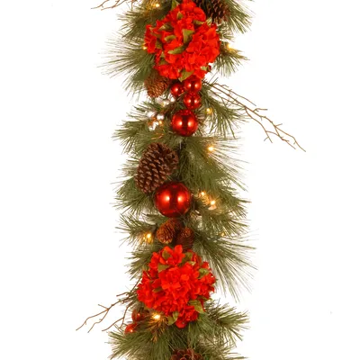 National Tree 9' x 12" Decorative Collection Hydrangea Garland with Cones, Red Berries and 50 Soft White Battery Operated LEDs with Timer