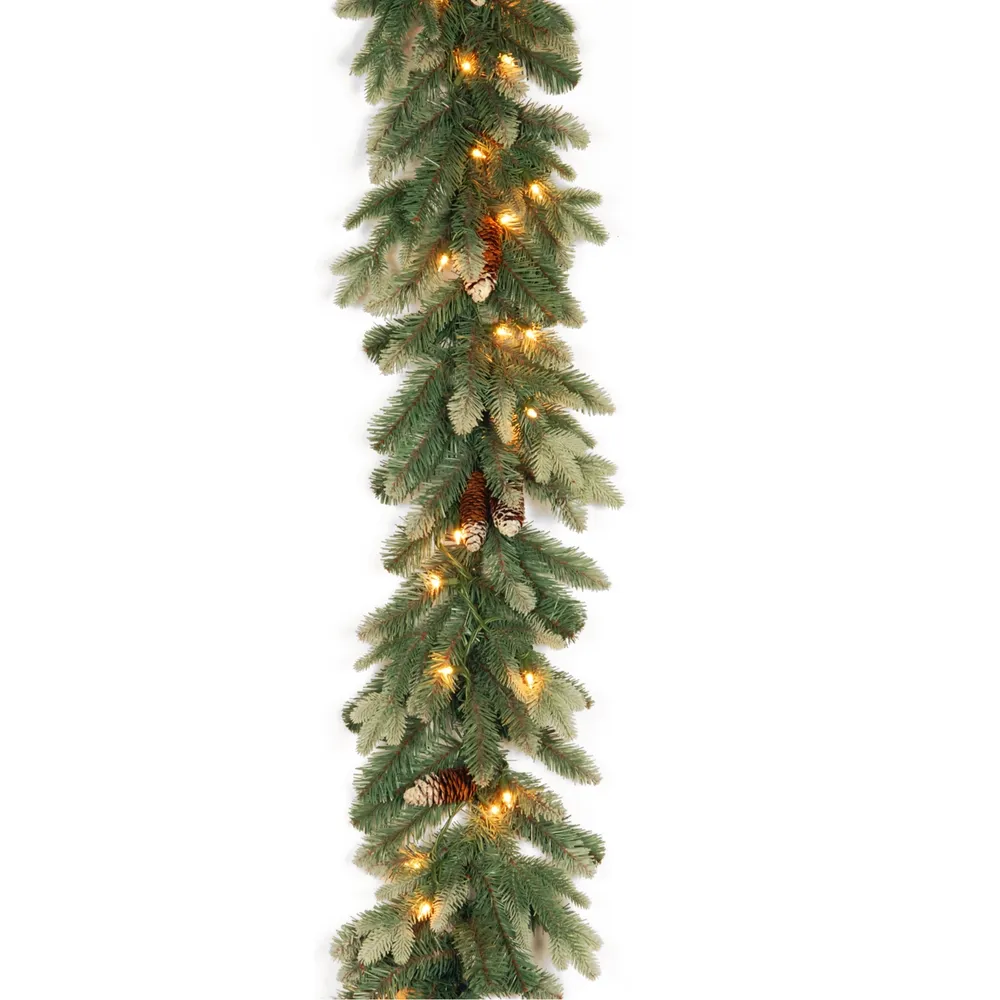 National Tree 9' Copenhagen Spruce Garland with Flocked Cones 50 Clear Lights