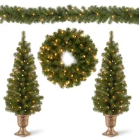 National Tree Company 2x4' Entrance Trees in Black/Gold Pot w Clear Lts, 24" Wreath w/Warm White Lts, 9'x8" Garland w/Clear Lts