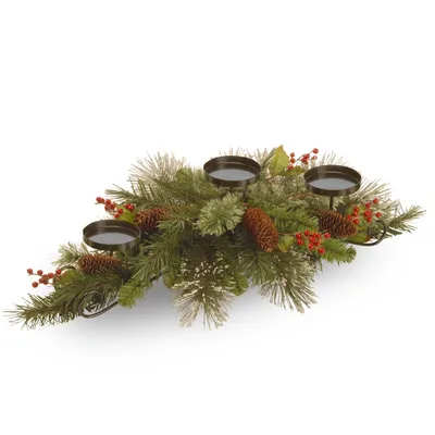 National Tree Company 30" Wintry Pine Collection Centerpiece w/3 Candle Holders with Cones, Red Berries & Snowflakes