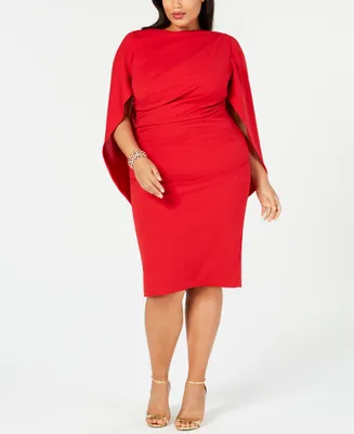 Betsy & Adam Plus Ruched Cape Dress