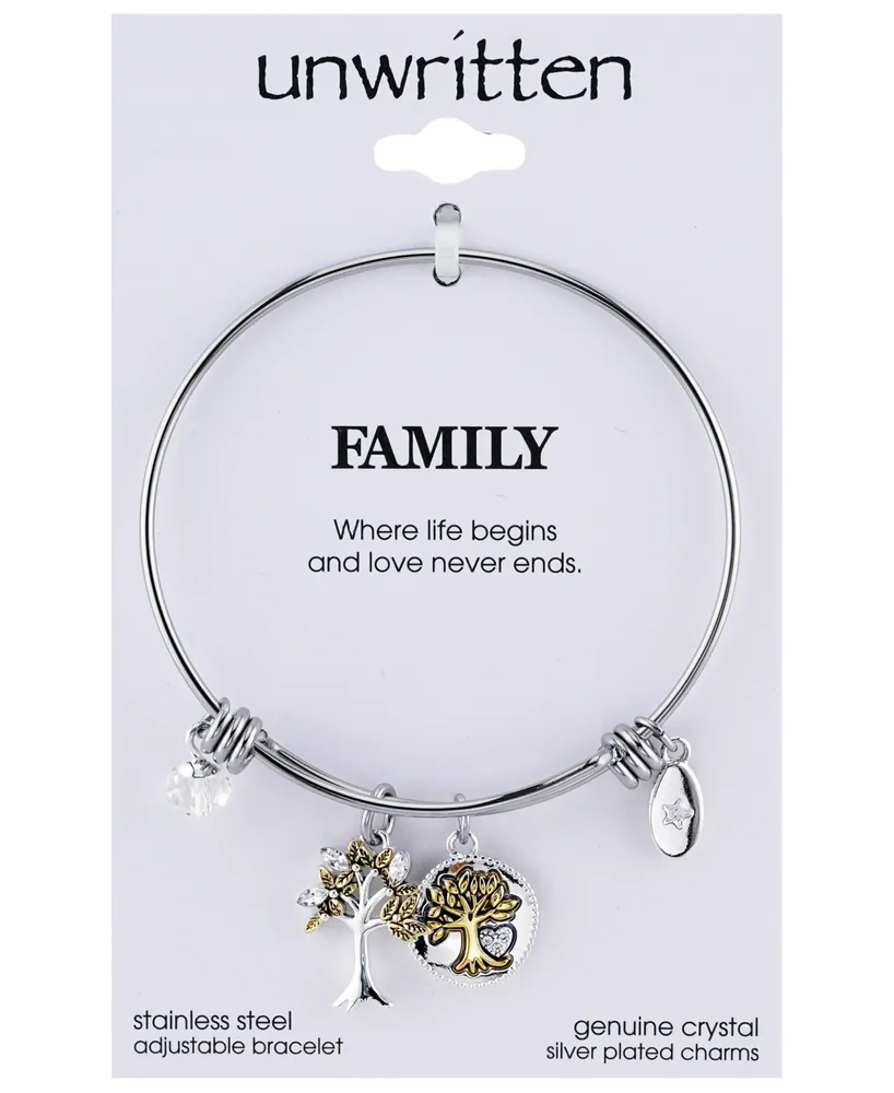 Unwritten Two-Tone Family Tree Message Charm Bangle Bracelet in Stainless Steel with Silver Plated Charms