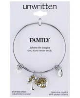 Unwritten Two-Tone Family Tree Message Charm Bangle Bracelet in Stainless Steel with Silver Plated Charms