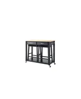 Natural Wood Top Kitchen Cart Island With 24" Upholstered Saddle Stools