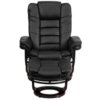 Contemporary Leather Recliner And Ottoman With Swiveling Mahogany Wood Base