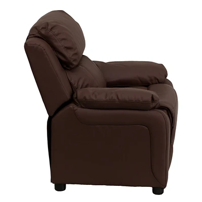 Deluxe Padded Contemporary Brown Leather Kids Recliner With Storage Arms