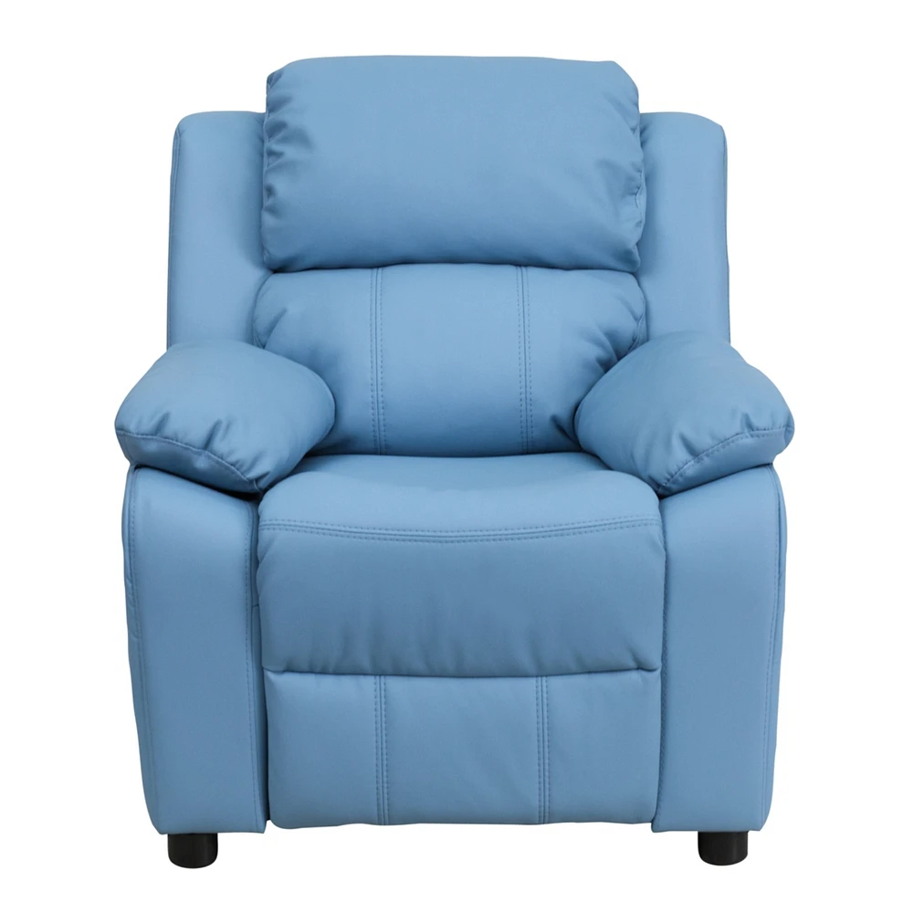 Deluxe Padded Contemporary Light Blue Vinyl Kids Recliner With Storage Arms