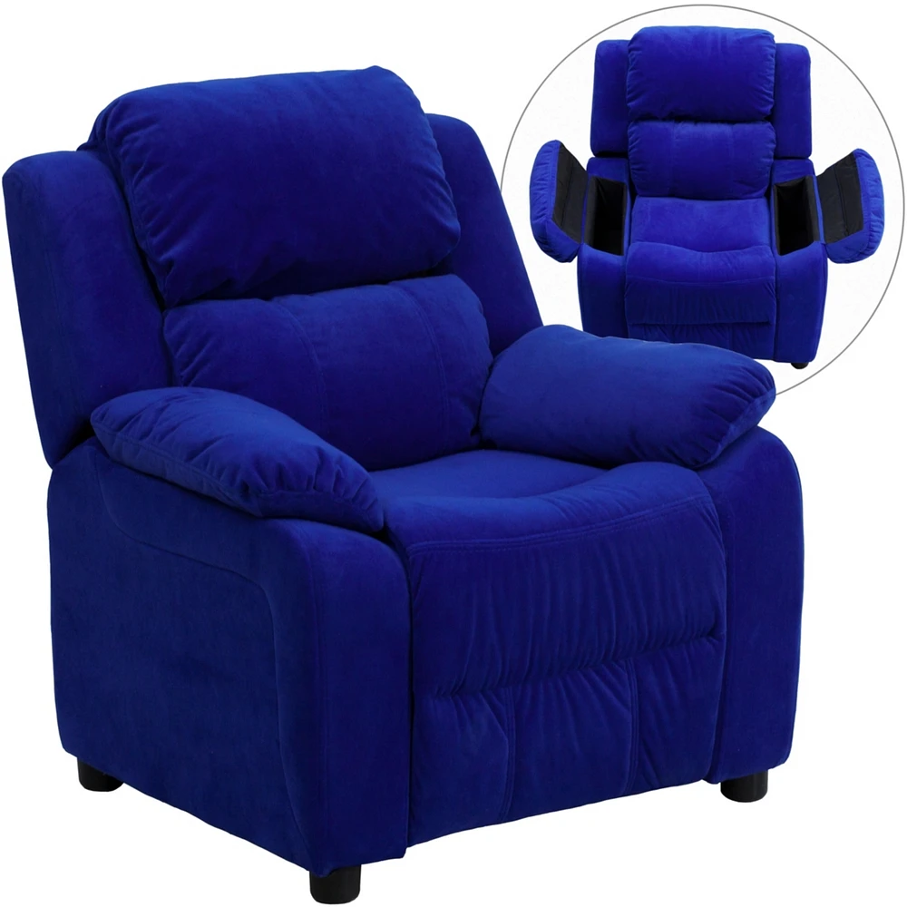 Deluxe Padded Contemporary Microfiber Kids Recliner With Storage Arms