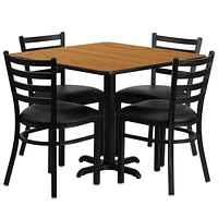 36'' Square Natural Laminate Table Set With 4 Ladder Back Metal Chairs