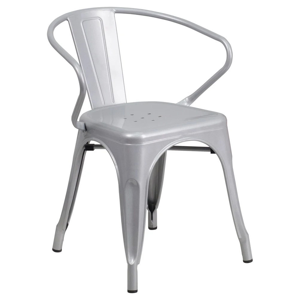 Silver Metal Indoor-Outdoor Chair With Arms