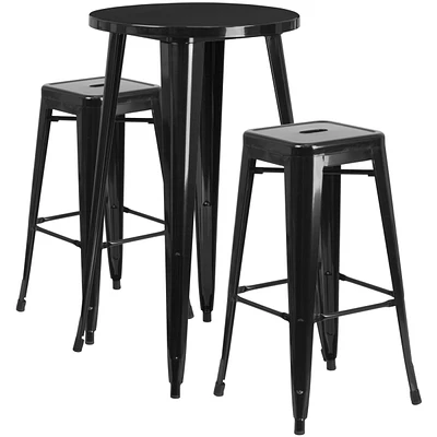 24'' Round Metal Indoor-Outdoor Bar Table Set With 2 Square Seat Backless Stools