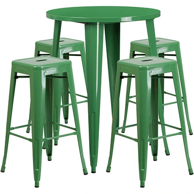 30'' Round Metal Indoor-Outdoor Bar Table Set With 4 Square Seat Backless Stools