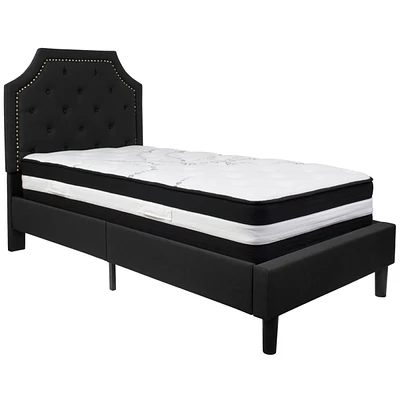 Brighton Twin Size Tufted Upholstered Platform Bed In Black Fabric With Pocket Spring Mattress