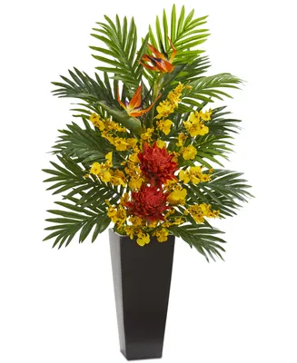 Nearly Natural Tropical Floral & Orchid Artificial Arrangement in Black Vase