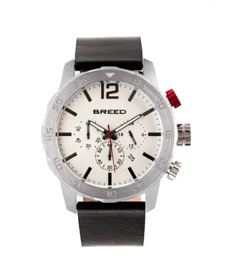 Breed Quartz Manuel Chronograph Silver Genuine Leather Watches 46mm