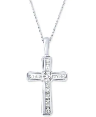 Diamond Baguette Cross Adjustable Pendant Necklace (1/5 ct. t.w) 10k White or Yellow Gold